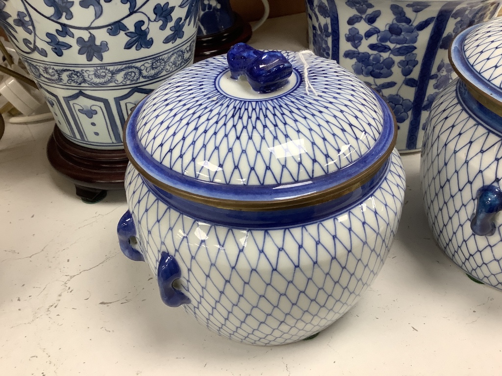 Two Chinese porcelain blue and white lamps, a similar jardinière, two bowls and covers and a hexagonal box and cover